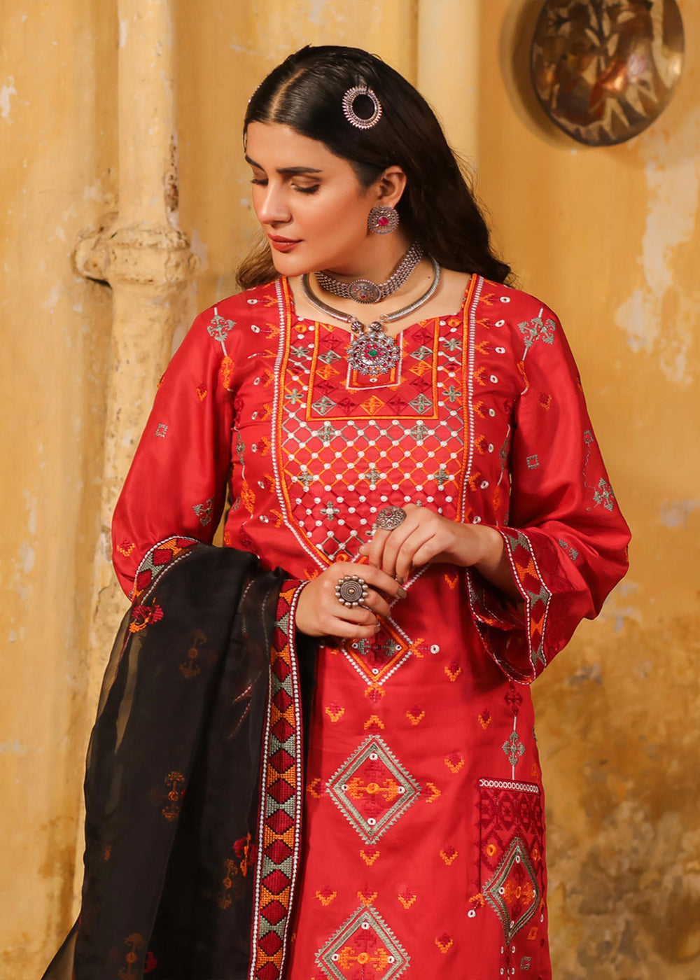 Embroidered Lawn  Red 3 Piece Suit - Khas