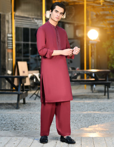 Cotton Maroon Shalwar Kameez - J. Junaid Jamshed