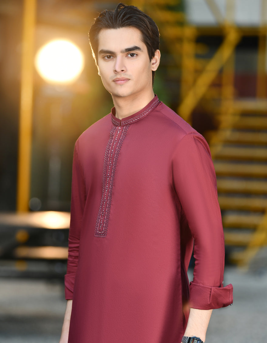 Cotton Maroon Shalwar Kameez - J. Junaid Jamshed