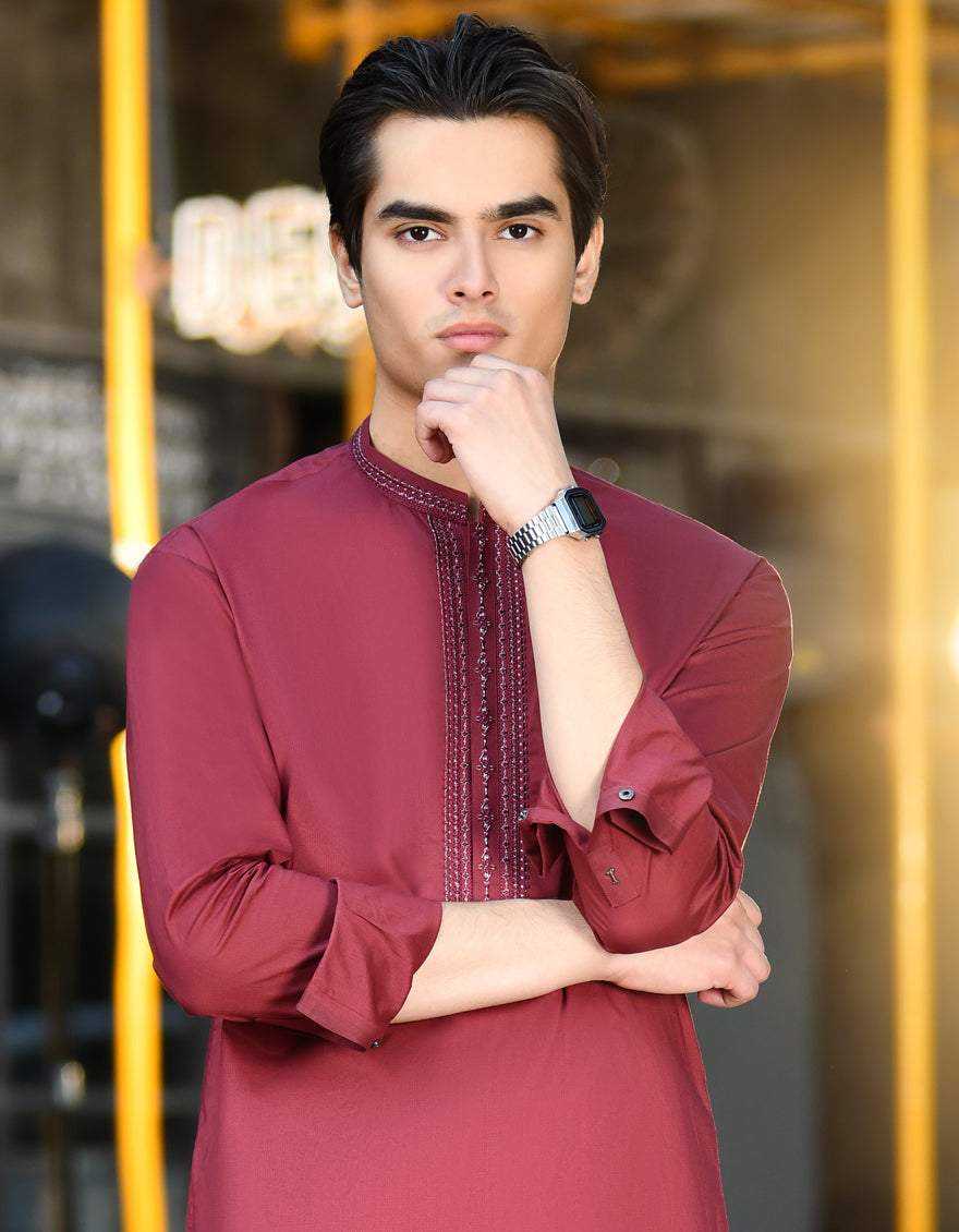 Cotton Maroon Shalwar Kameez - J. Junaid Jamshed