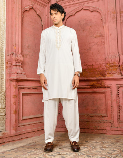 Polyester Viscose Off White Kurta Pajama - J. Junaid Jamshed