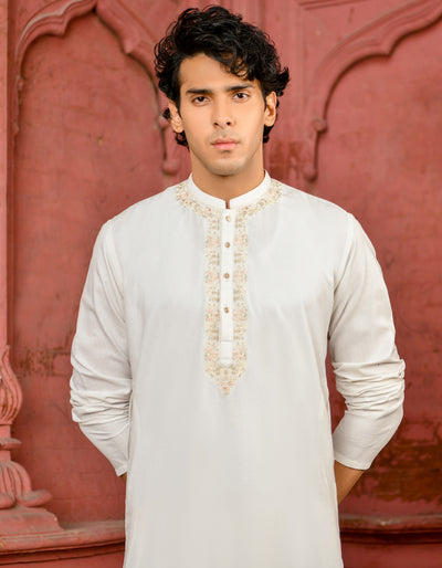 Polyester Viscose Off White Kurta Pajama - J. Junaid Jamshed