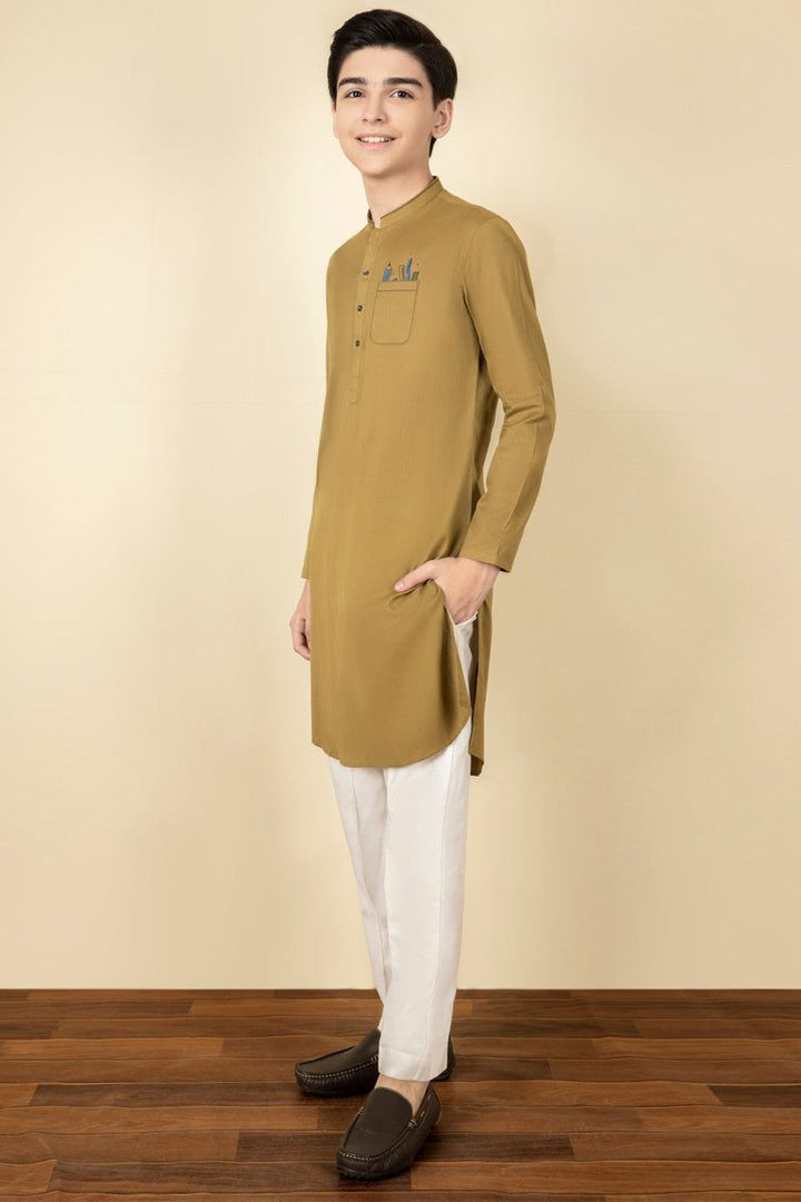 Cotton Olive Green Kids Boys Kurta - J. Junaid Jamshed