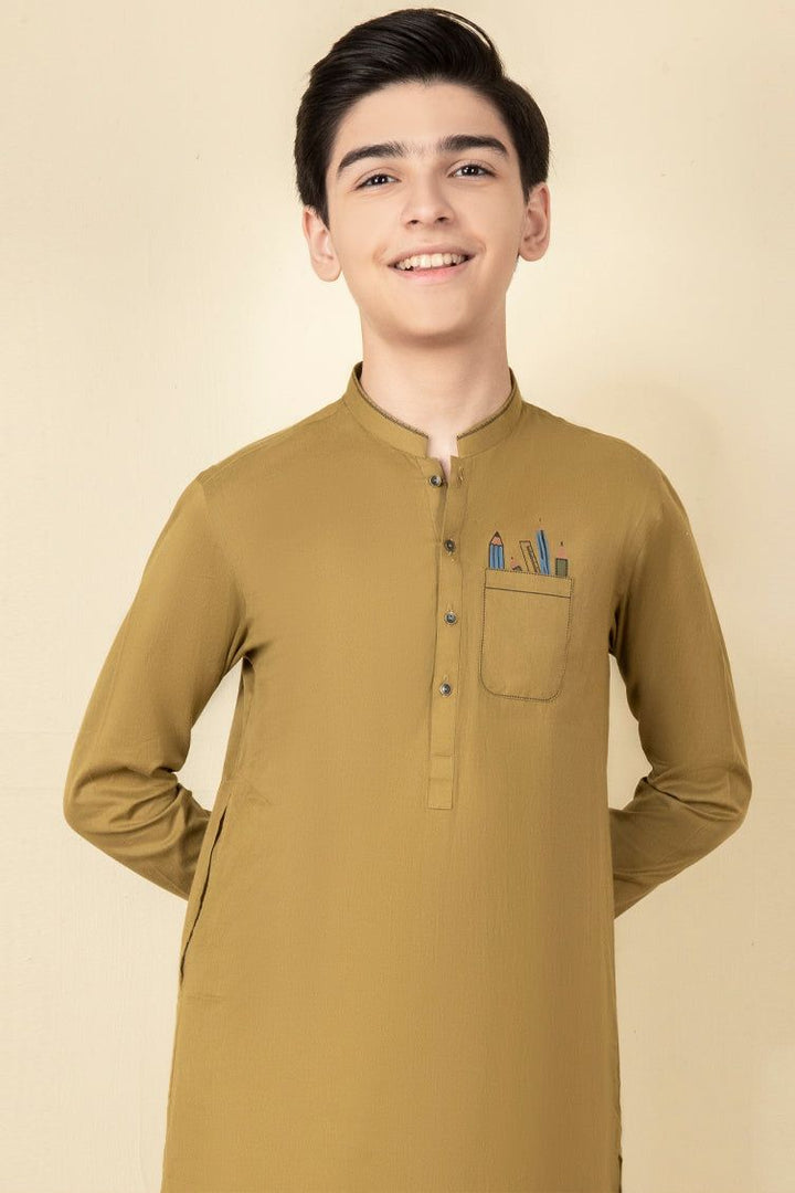 Cotton Olive Green Kids Boys Kurta - J. Junaid Jamshed