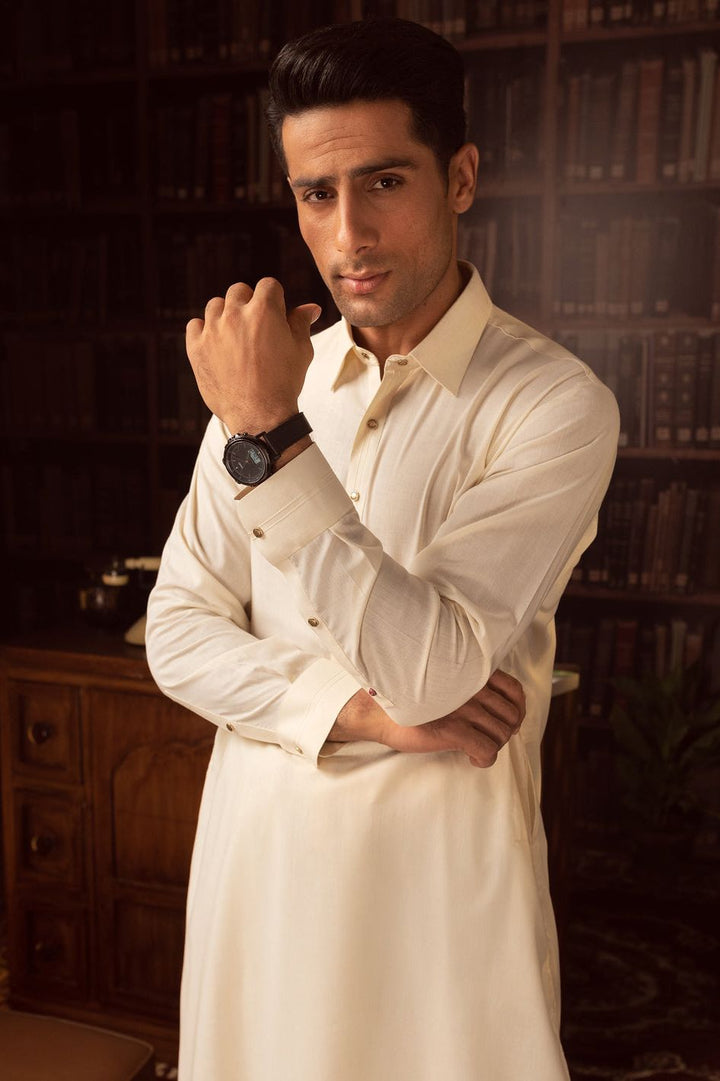 Blended Off White Kurta Shalwar - Wasim Akram by J. Junaid Jamshed
