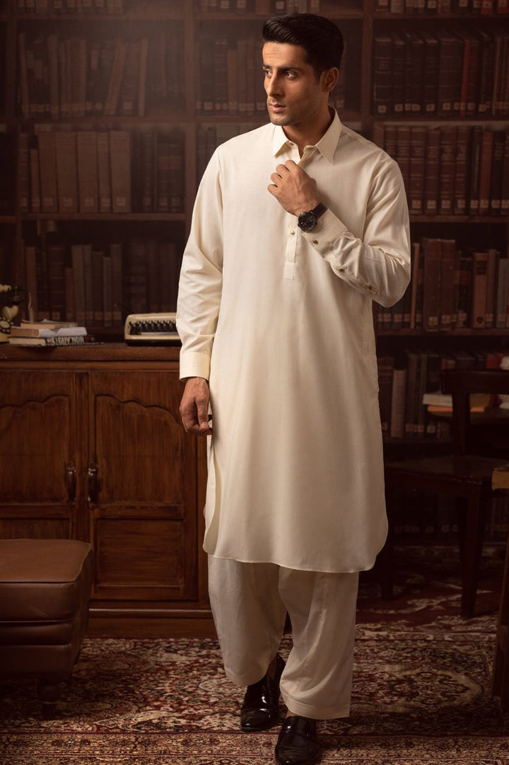 Blended Off White Kurta Shalwar - Wasim Akram by J. Junaid Jamshed
