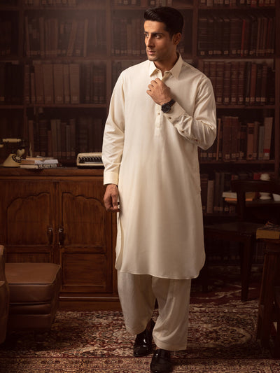 Blended Off White Kurta Shalwar - Wasim Akram by J. Junaid Jamshed