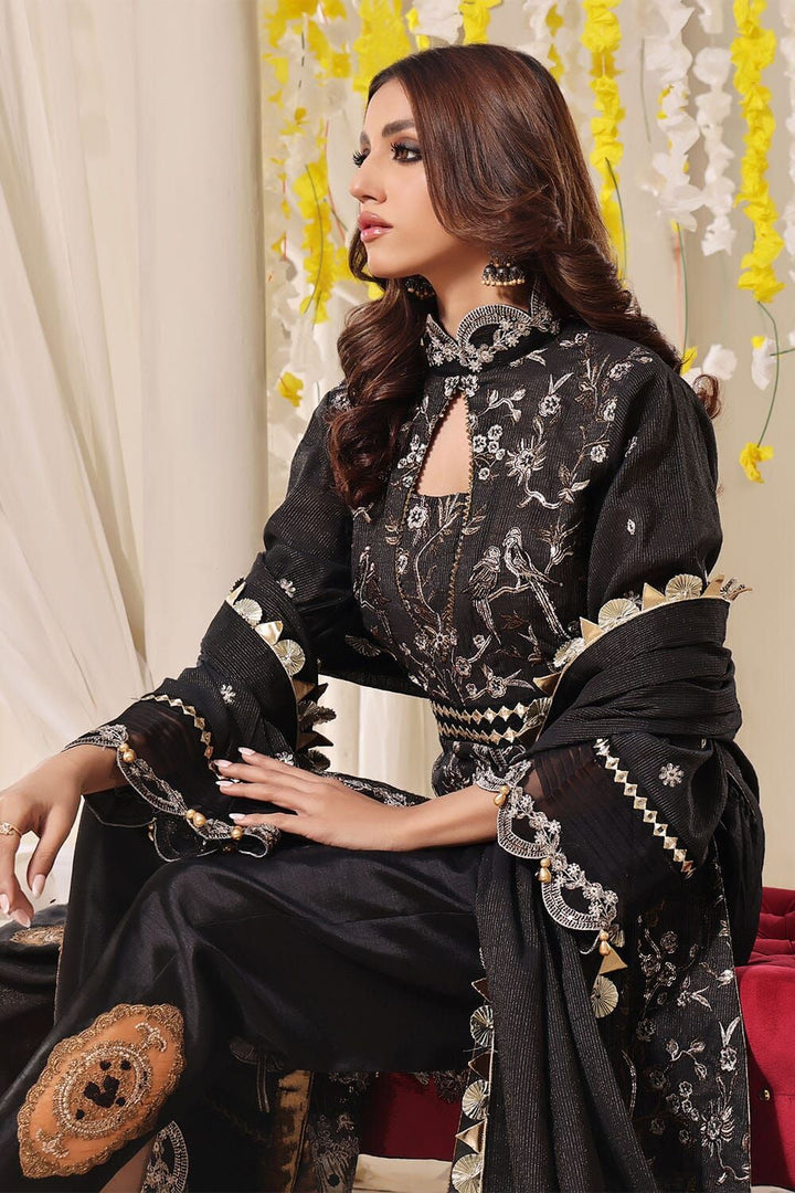 Gold Zeri Luxury Black 3 Piece Stitched Suit - Khas