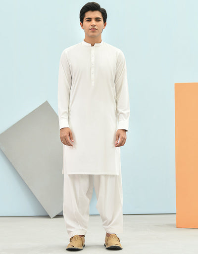 Off White Polyester Kameez Shalwar - J. Junaid Jamshed