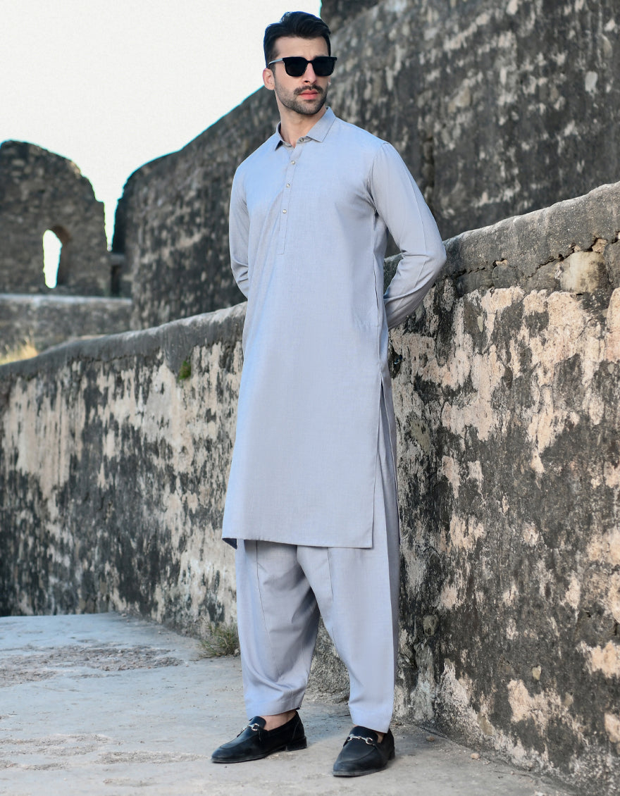 Blended Dull Grey Kameez Shalwar - J. Junaid Jamshed