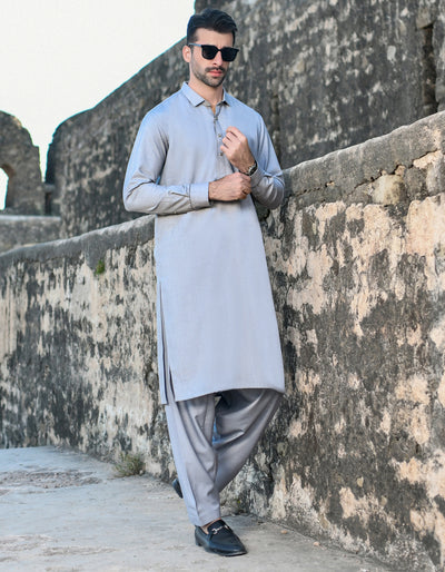 Blended Dull Grey Kameez Shalwar - J. Junaid Jamshed