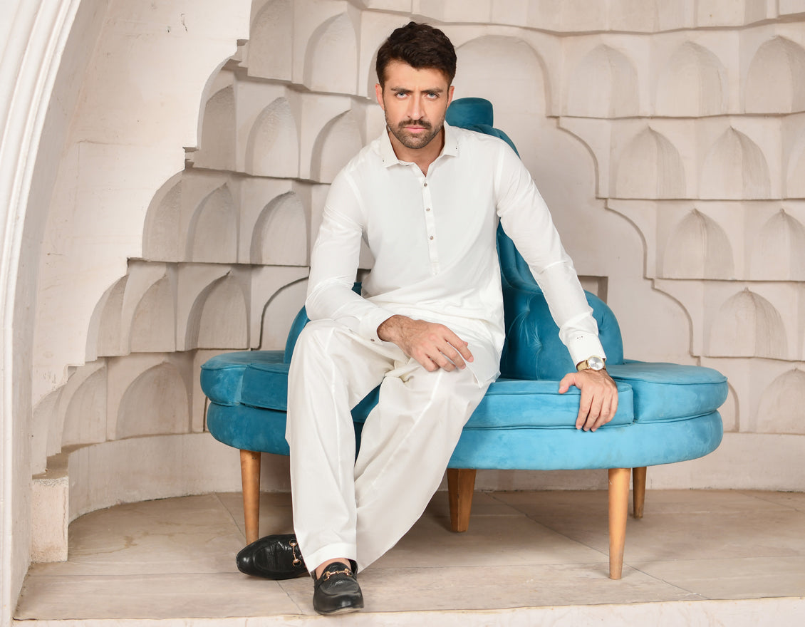 Off White Kameez Shalwar - J. Junaid Jamshed