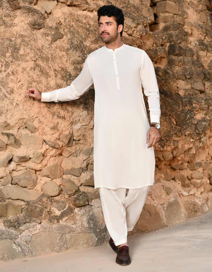 Blended Off White Kameez Shalwar - J. Junaid Jamshed