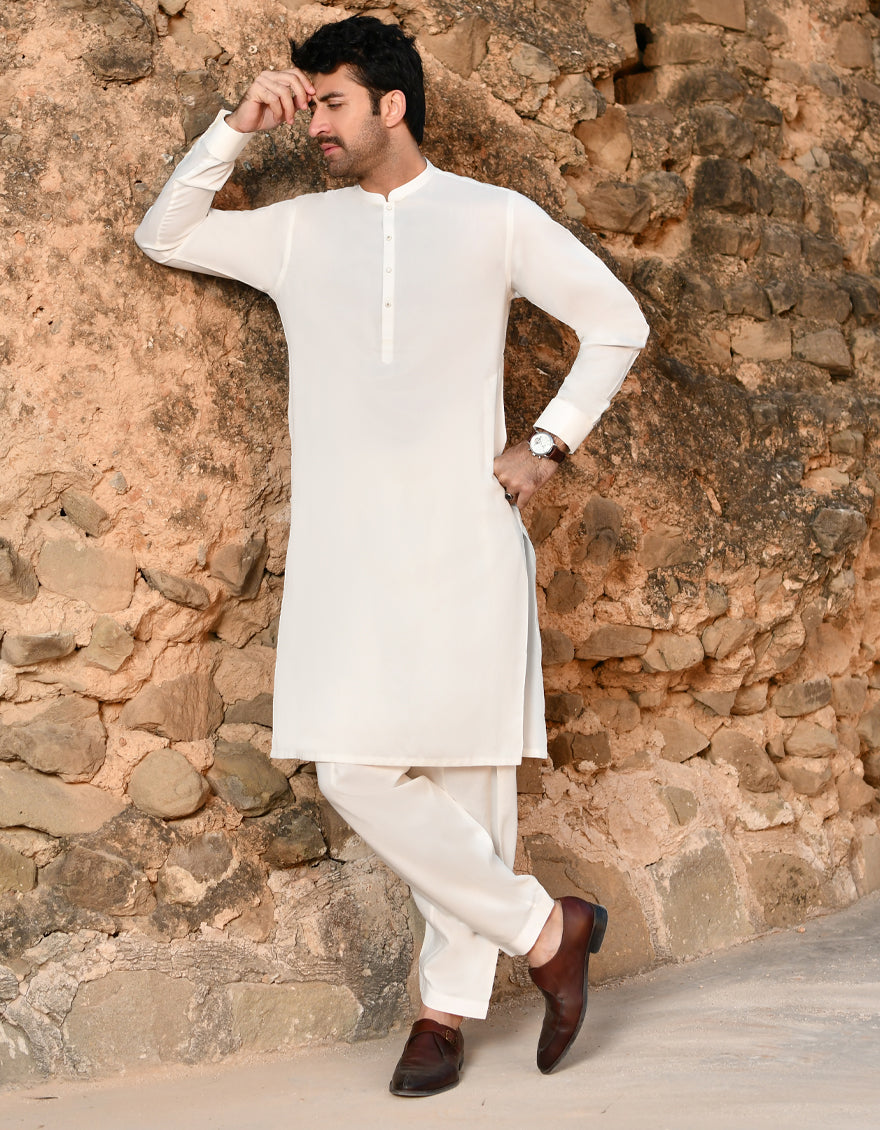 Blended Off White Kameez Shalwar - J. Junaid Jamshed