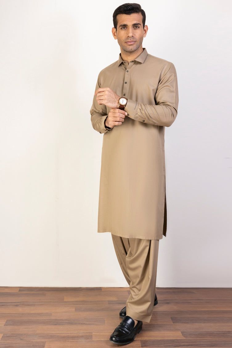 Blended Khaki Kameez Shalwar - J. Junaid Jamshed