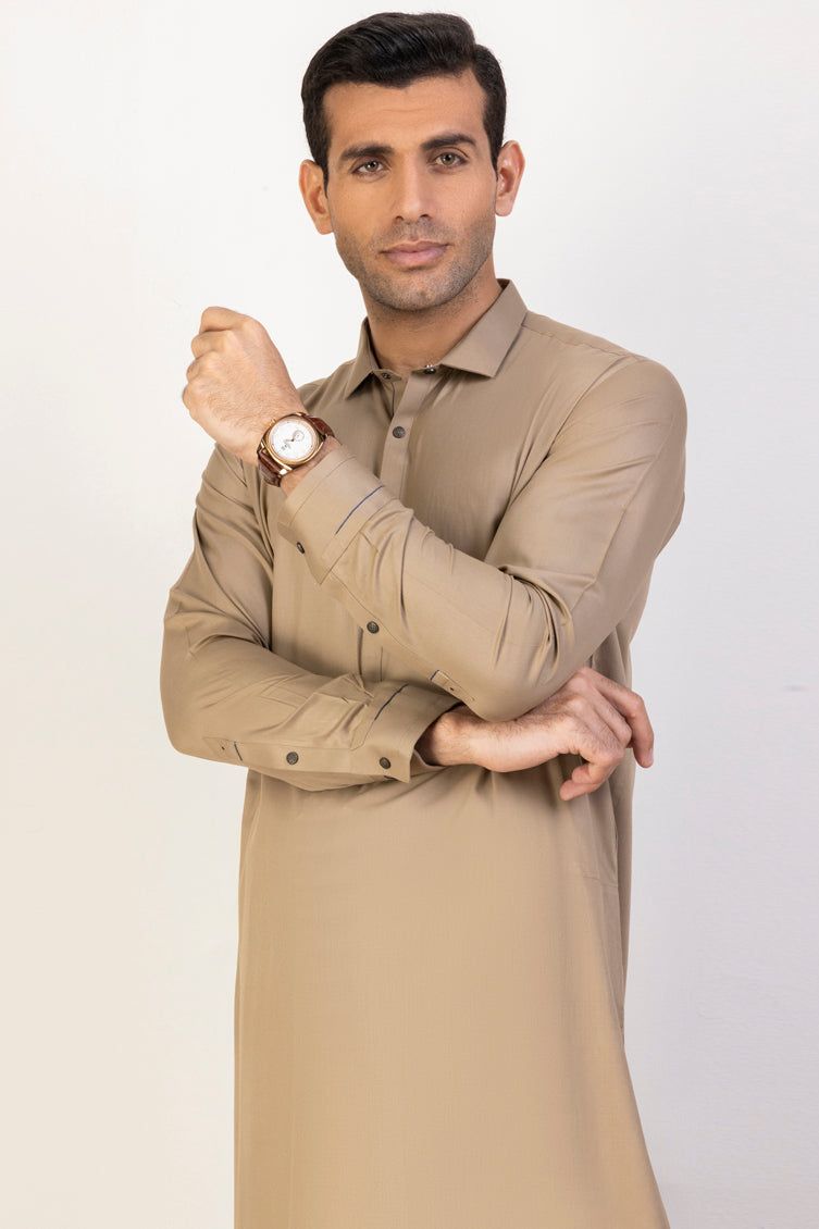 Blended Khaki Kameez Shalwar - J. Junaid Jamshed