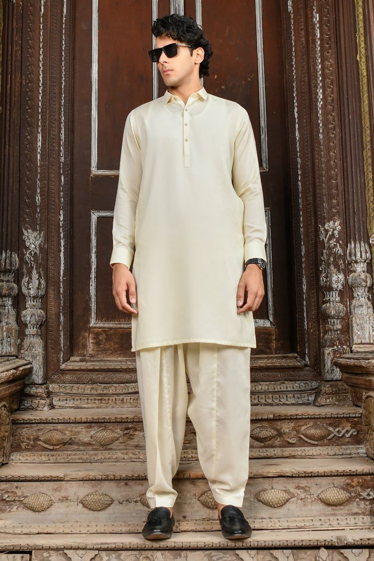 Blended Cream Kameez Shalwar - J. Junaid Jamshed