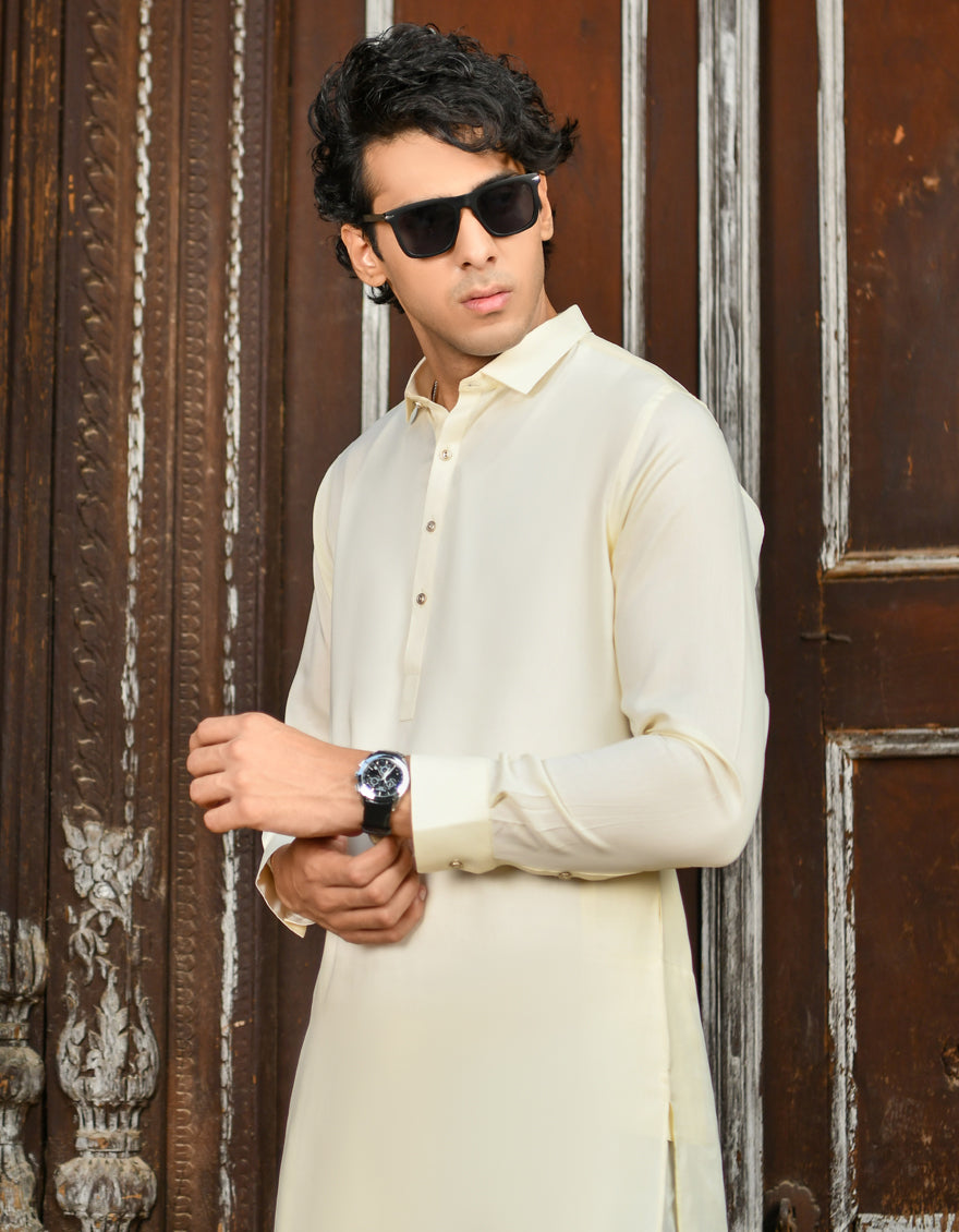 Blended Cream Kameez Shalwar - J. Junaid Jamshed