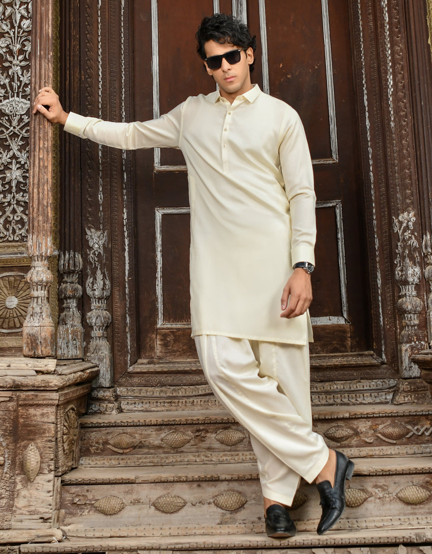 Blended Cream Kameez Shalwar - J. Junaid Jamshed