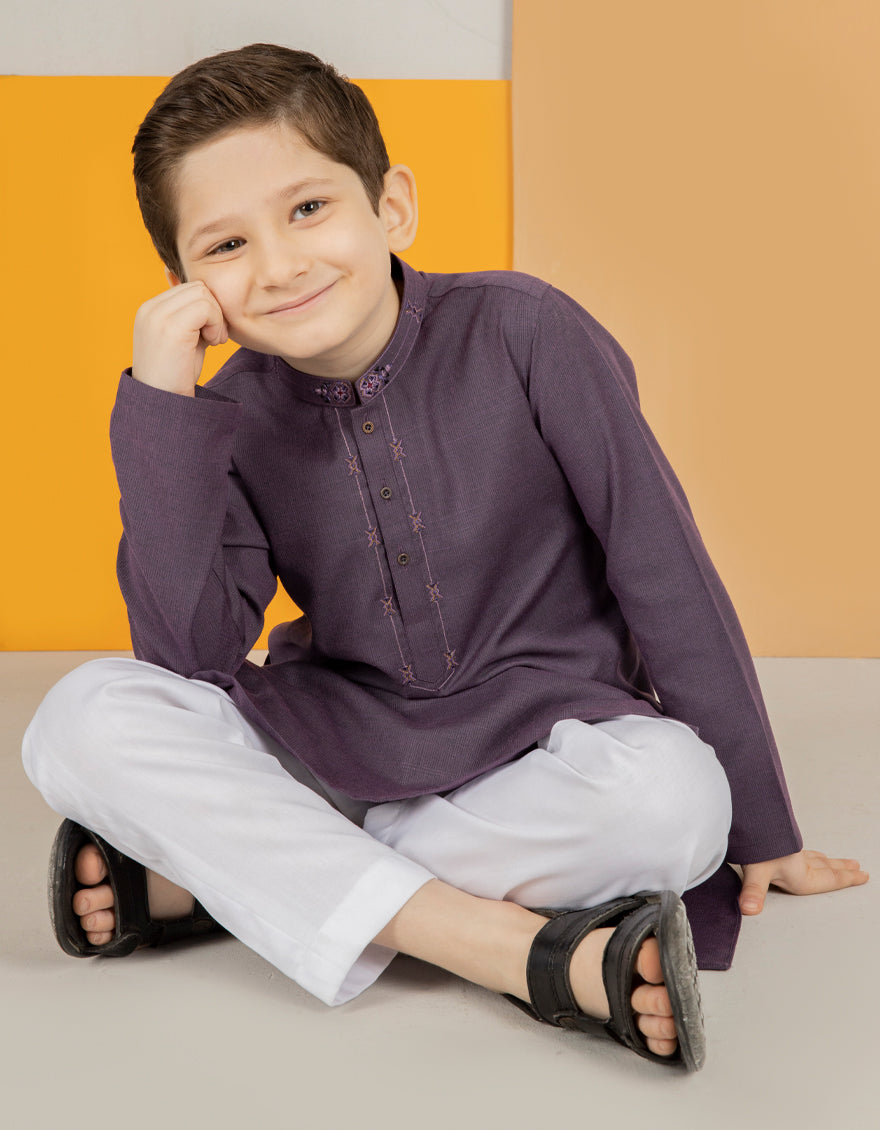Polyester Viscose Purple Kid's Kurta  -  J. Junaid Jamshed