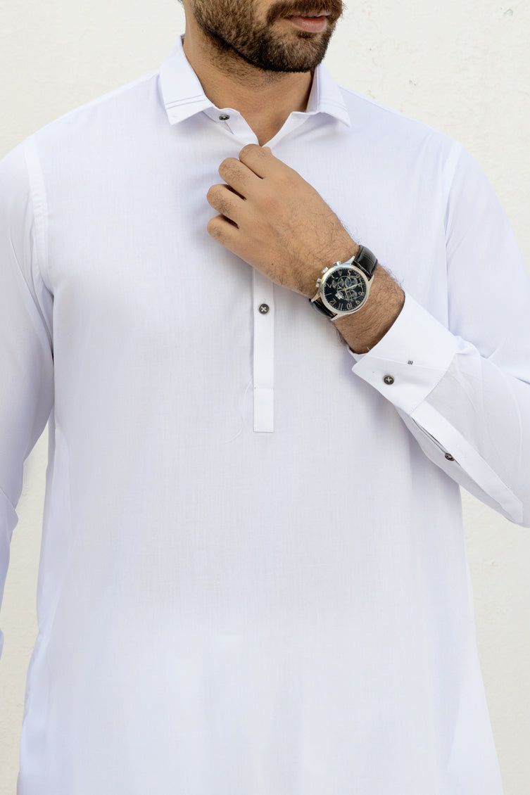 Blended White Kameez Shalwar - J. Junaid Jamshed