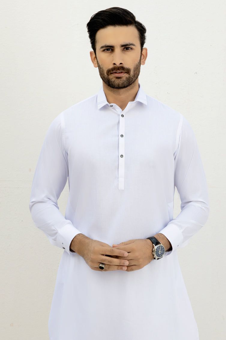 Blended White Kameez Shalwar - J. Junaid Jamshed