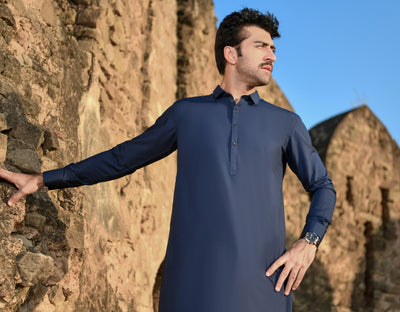 Blended Navy Blue Kameez Shalwar - J. Junaid Jamshed