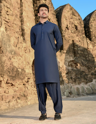 Blended Navy Blue Kameez Shalwar - J. Junaid Jamshed