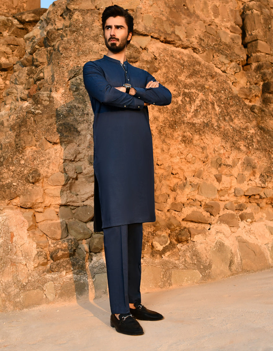 Cotton Prusian Blue Kurta Pajama - J. Junaid Jamshed