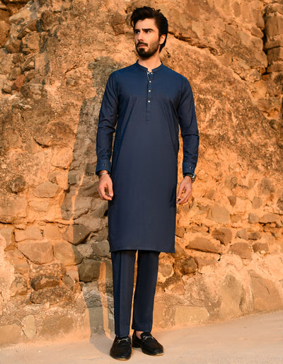 Cotton Prusian Blue Kurta Pajama - J. Junaid Jamshed