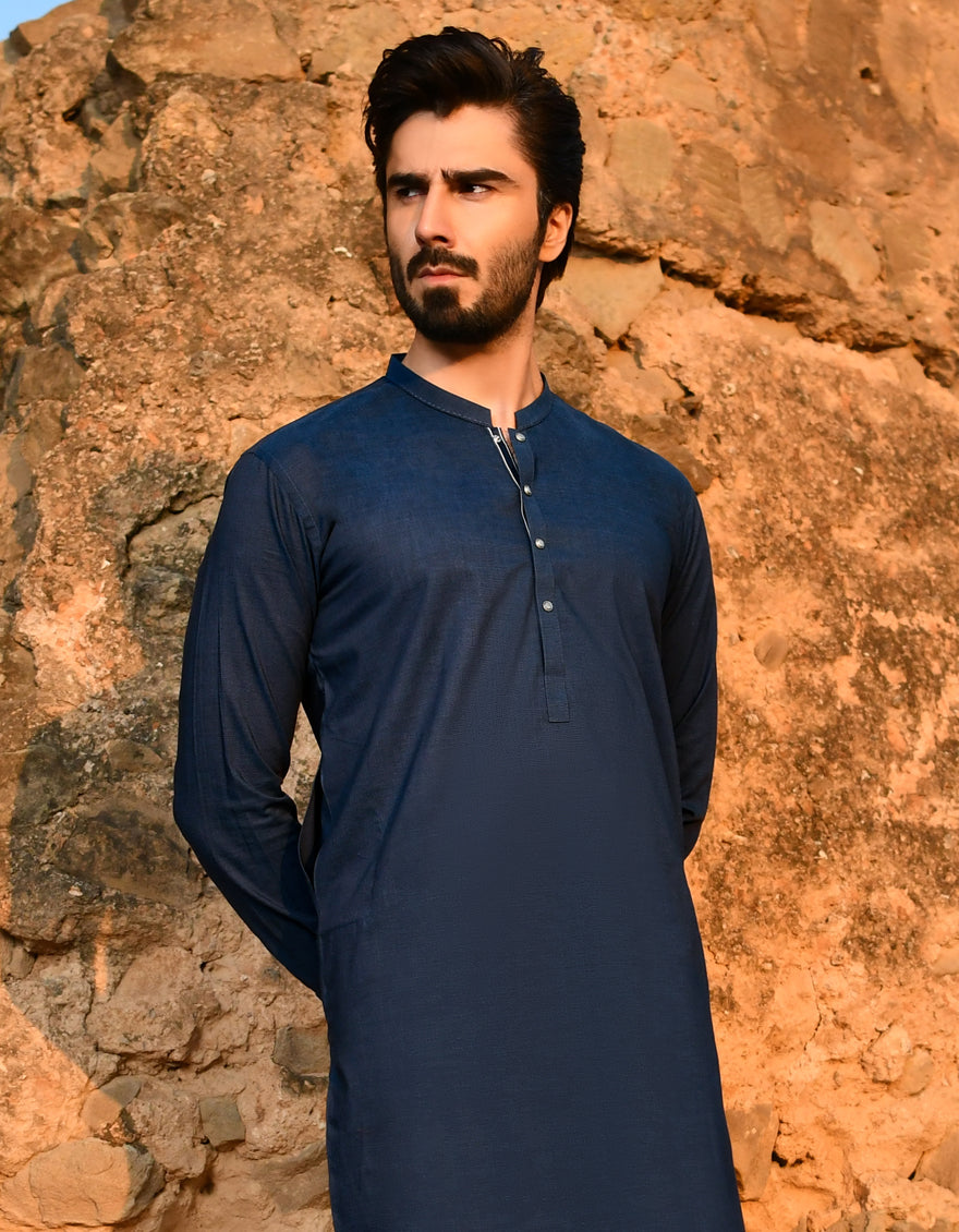 Cotton Prusian Blue Kurta Pajama - J. Junaid Jamshed