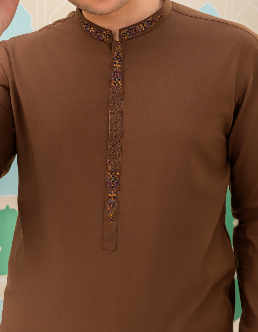 Blended Dark Brown Kameez Shalwar - J. Junaid Jamshed