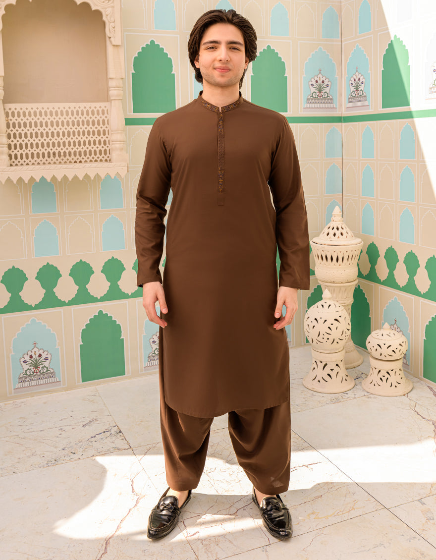 Blended Dark Brown Kameez Shalwar - J. Junaid Jamshed