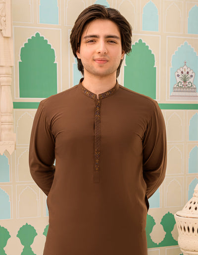 Blended Dark Brown Kameez Shalwar - J. Junaid Jamshed