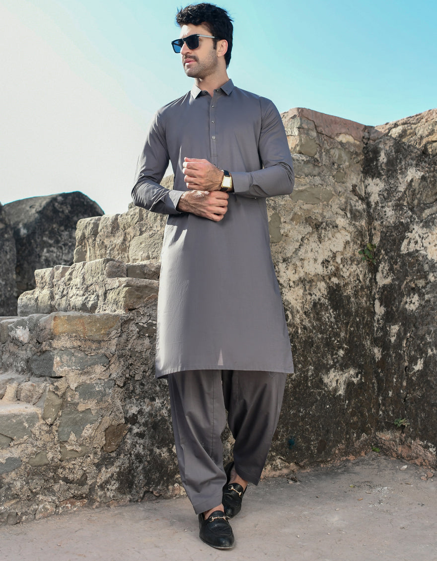 Cotton Grey Kameez Shalwar - J. Junaid Jamshed