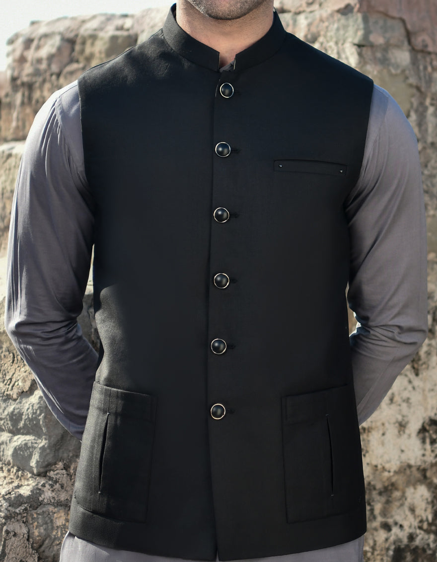 Blended Black Waist Coat - J. Junaid Jamshed