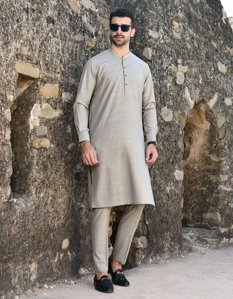 Blended Light Grey Kurta Pajama - J. Junaid Jamshed