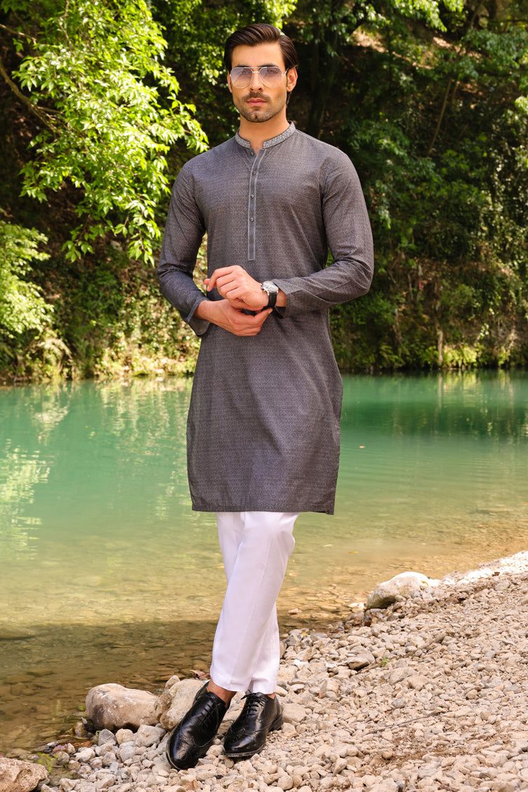 Cotton Charcoal Kurta - J. Junaid Jamshed