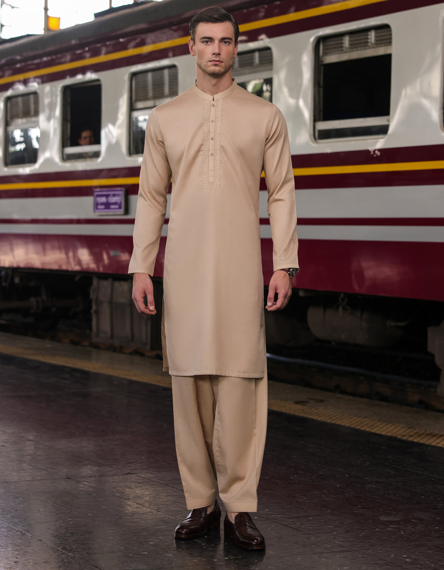 Cotton Beige Shalwar Kameez - J. Junaid Jamshed