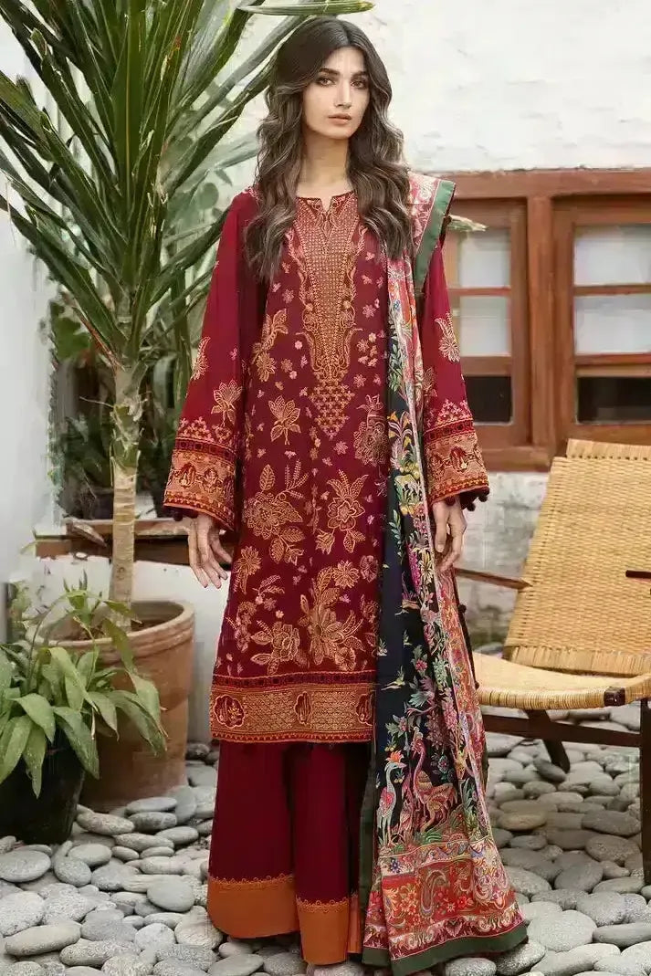 Embroidered Fine Slub Maroon 3 Piece Suit - Jazmin Iris