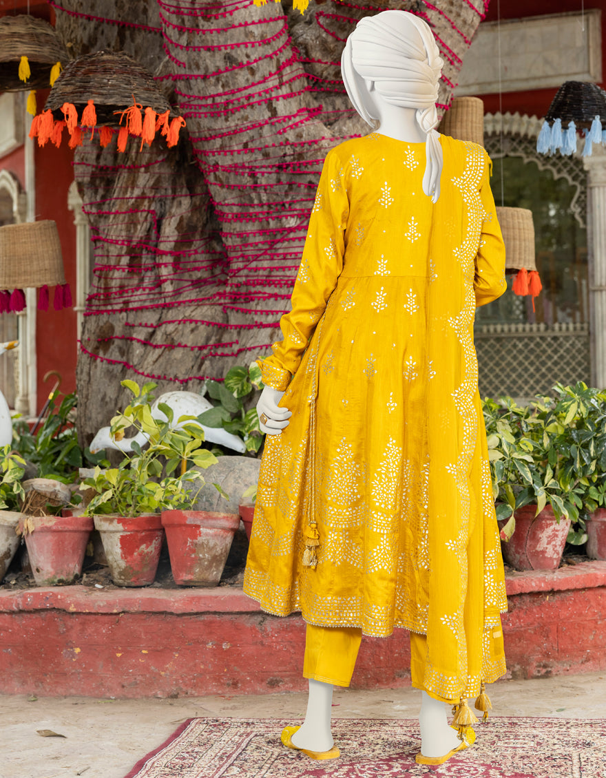 Raw Silk Yellow 3 Piece Suit - J. Junaid Jamshed