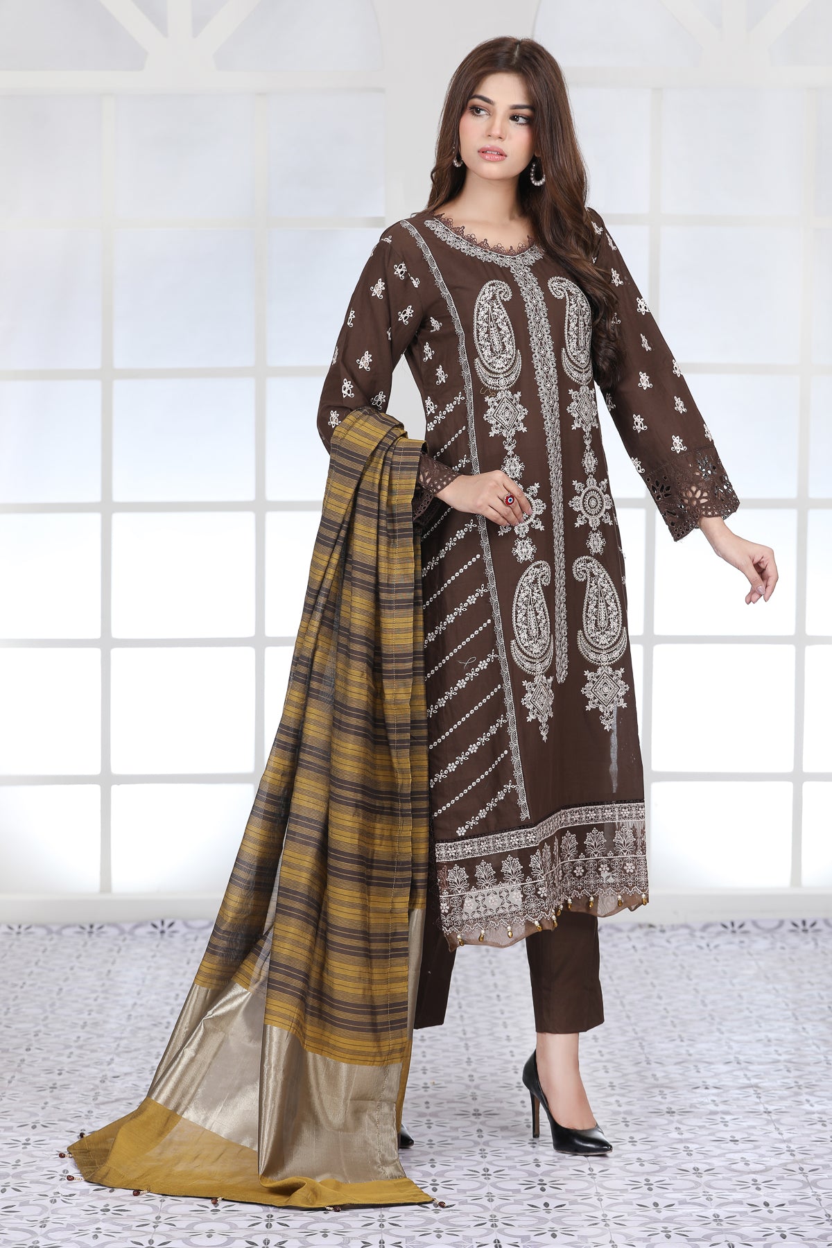 Lawn Chocolate Brown 3 Piece Suit - Ethnic