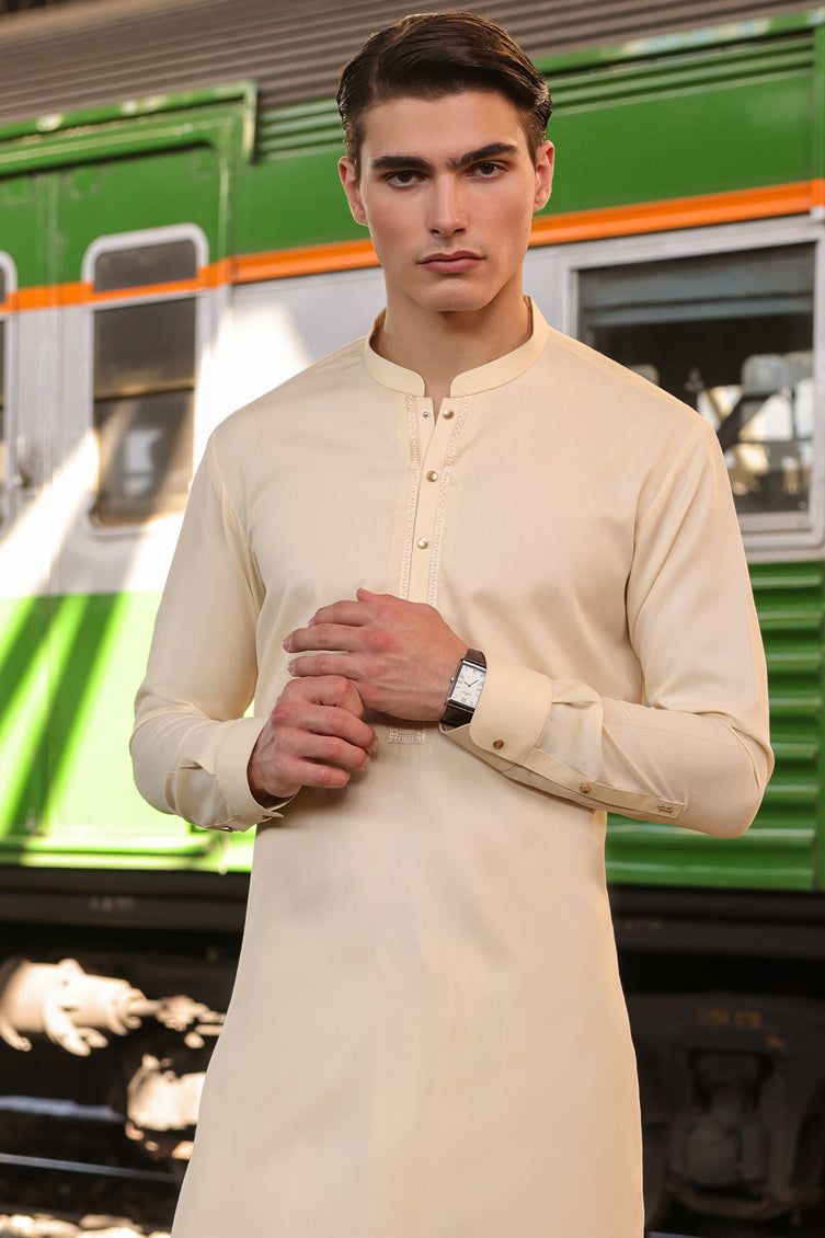 Blended Cream Shalwar Kameez - J. Junaid Jamshed