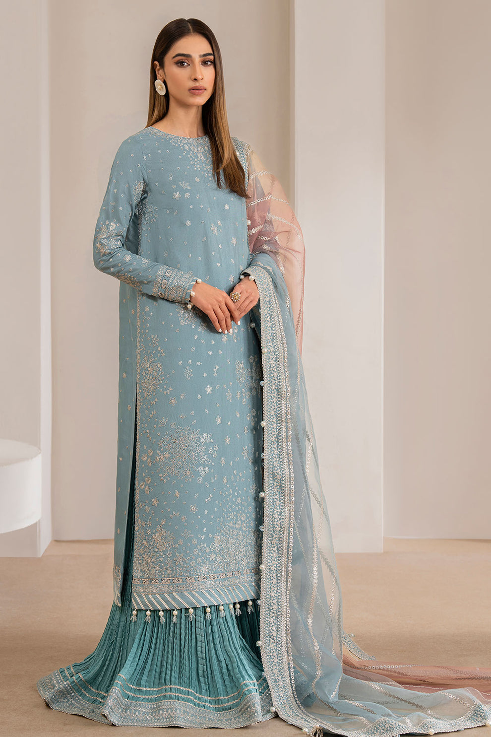 Embroidered Raw Silk Sky Blue 3 Piece Unstitched Suit - Jazmin