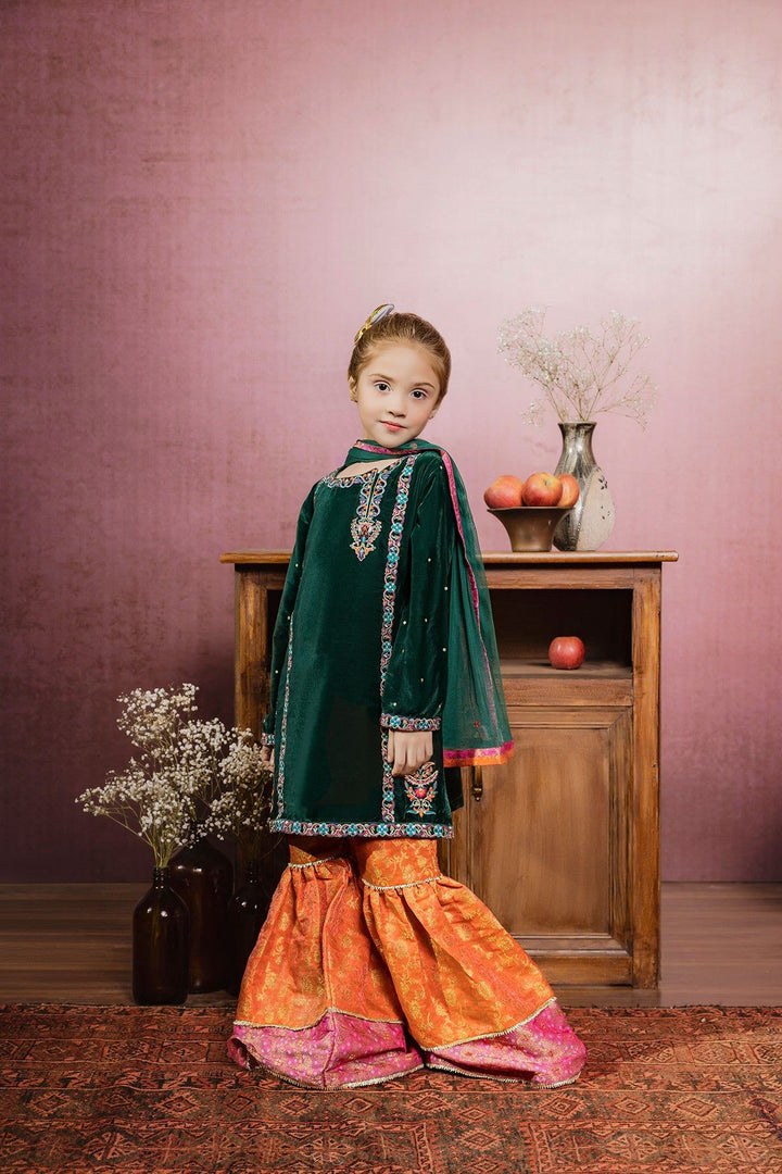 Polyester Green Kids Girls 3 Piece Suit - J. Junaid Jamshed