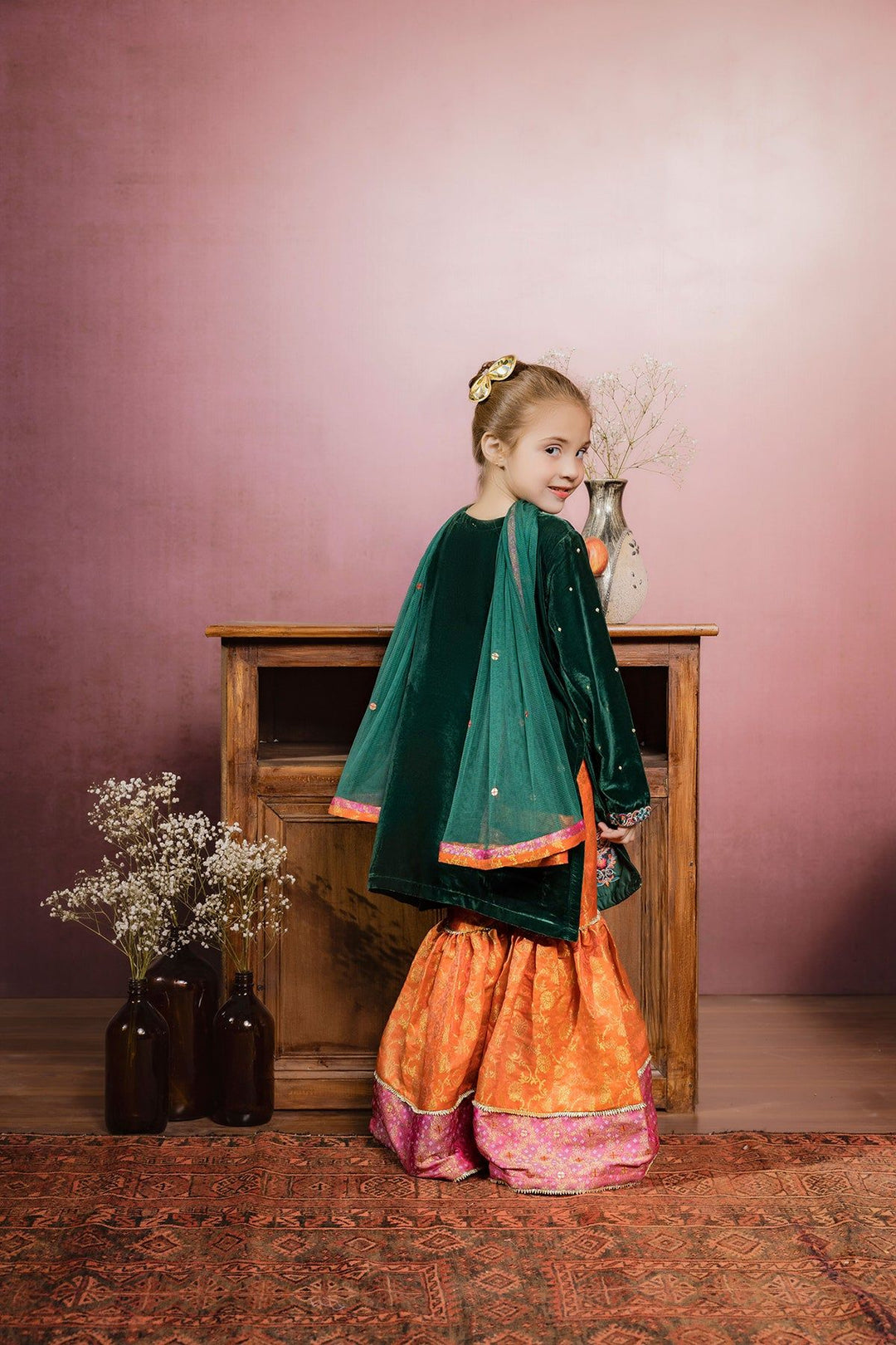 Polyester Green Kids Girls 3 Piece Suit - J. Junaid Jamshed