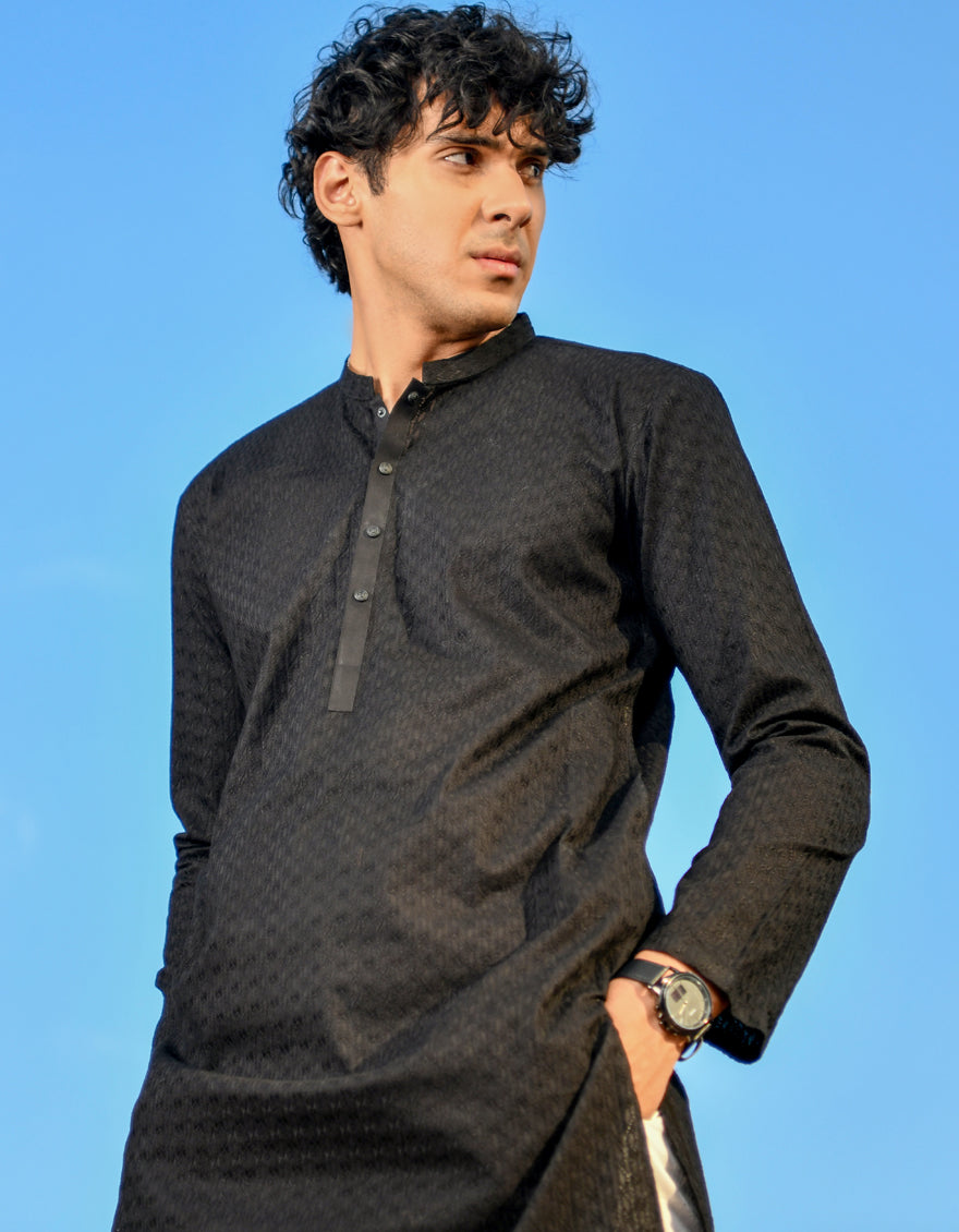 Cotton Black Kurta Pajama - J. Junaid Jamshed