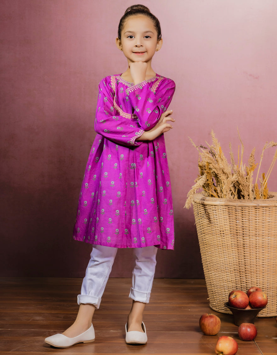 Cambric Purple Kids Girls Kurti - J. Junaid Jamshed