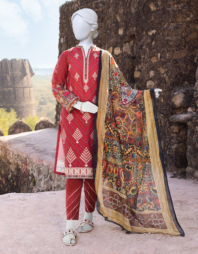 Cambric Red 3 Piece Suit - J. Junaid Jamshed