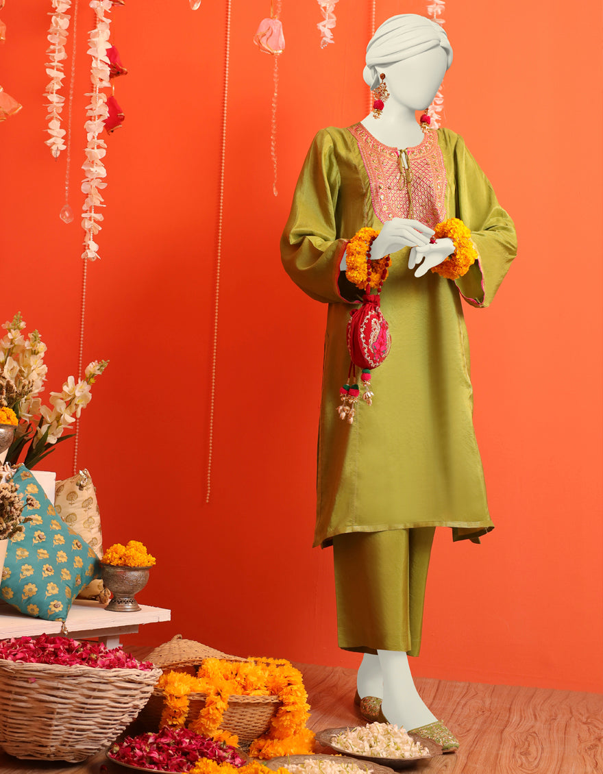 Raw Silk Green Kurti - J. Junaid Jamshed